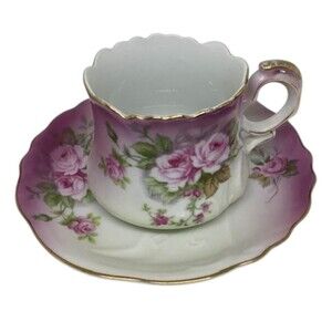 Lefton China Coffee Tea Cup Saucer Heavenly Rose Gold 2758 Hand Painted Gold Vtg